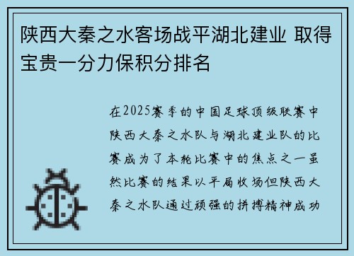 陕西大秦之水客场战平湖北建业 取得宝贵一分力保积分排名