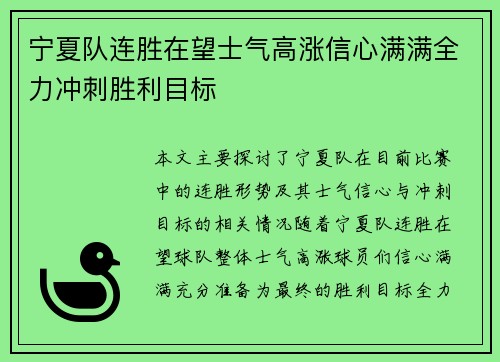 宁夏队连胜在望士气高涨信心满满全力冲刺胜利目标