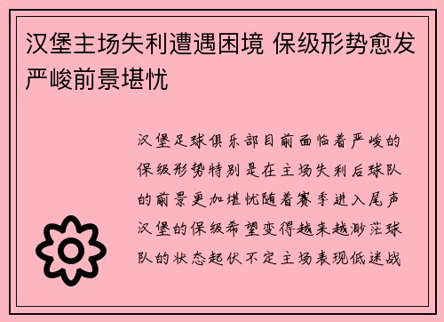 汉堡主场失利遭遇困境 保级形势愈发严峻前景堪忧