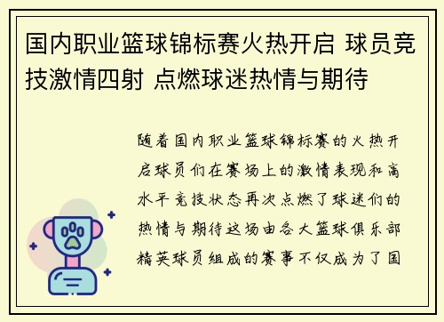 国内职业篮球锦标赛火热开启 球员竞技激情四射 点燃球迷热情与期待