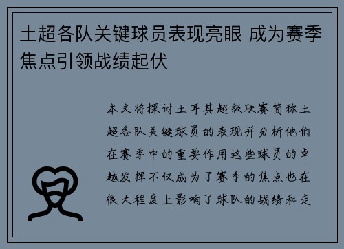 土超各队关键球员表现亮眼 成为赛季焦点引领战绩起伏