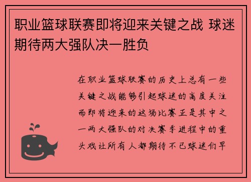 职业篮球联赛即将迎来关键之战 球迷期待两大强队决一胜负