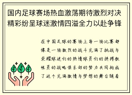国内足球赛场热血激荡期待激烈对决精彩纷呈球迷激情四溢全力以赴争锋相对
